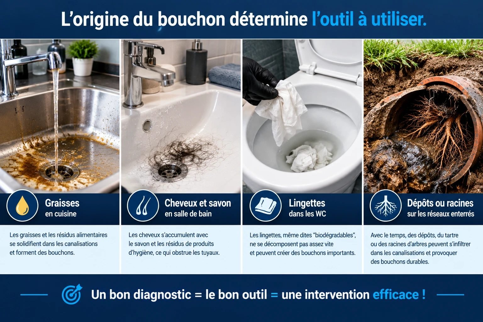 L’origine du bouchon détermine l’outil à utiliser. Graisses en cuisine : les graisses et les résidus alimentaires se solidifient dans les canalisations et forment des bouchons. Cheveux et savon en salle de bain : les cheveux s’accumulent avec le savon et les résidus de produits d’hygiène, ce qui obstrue les tuyaux. Lingettes dans les WC : même dites biodégradables, elles ne se décomposent pas assez vite et peuvent créer des bouchons importants. Dépôts ou racines sur les réseaux enterrés : avec le temps, des dépôts, du tartre ou des racines d’arbres peuvent s’infiltrer dans les canalisations et provoquer des bouchons durables. Un bon diagnostic égale le bon outil, égale une intervention efficace.