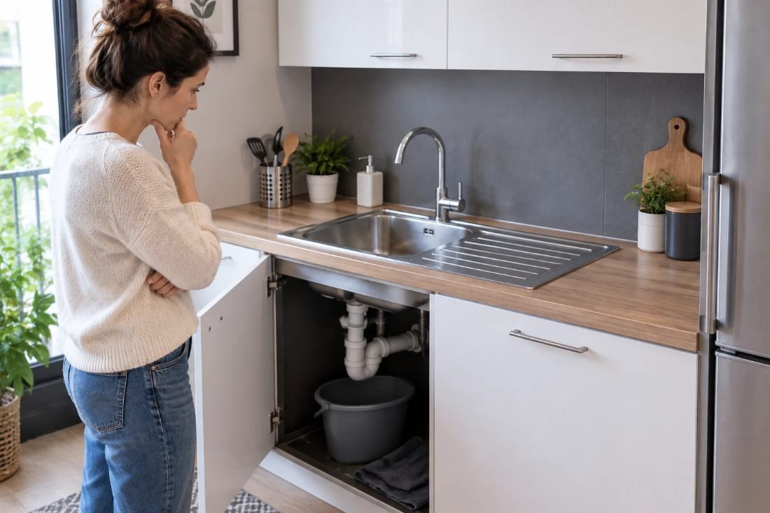 Cliente attendant l’intervention, un seau placé sous le siphon de son évier