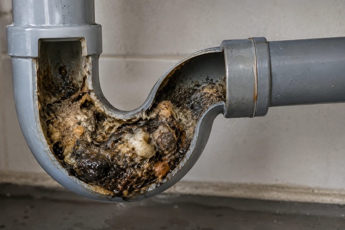 Siphon d’évacuation entièrement encrassé par les graisses et les résidus